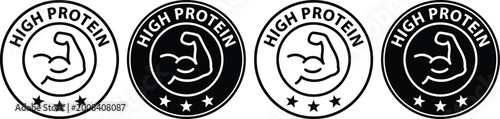 Four circular with a flexing bicep symbol, protein text and three stars below muscle