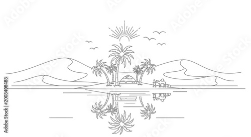 Minimalist desert oasis line art with palm trees and dunes