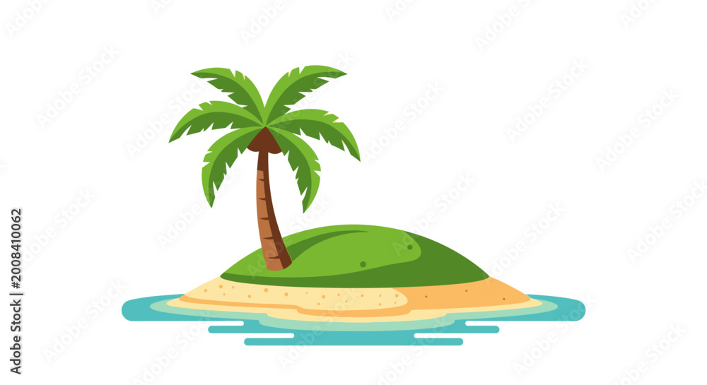 Fototapeta premium Isolated cartoon image of a tropical island with a palm tree on white