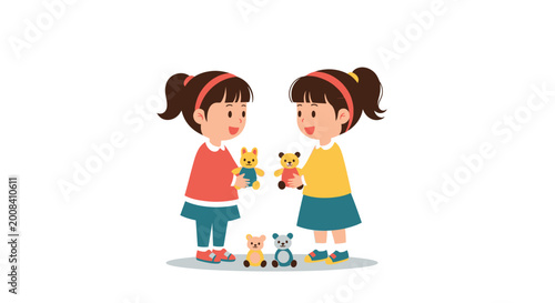 Two girls holding teddy bears isolated on white background illustration