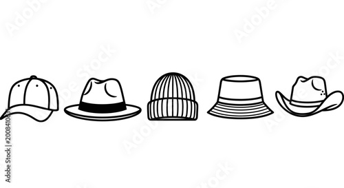 Variety of headwear cap fedora beanie bucket hat cowboy hat illustrations