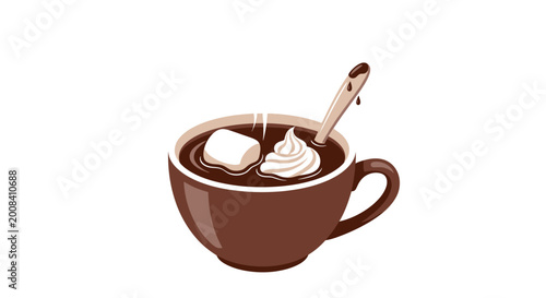 Warm chocolate beverage with marshmallows and cream in a brown ceramic mug
