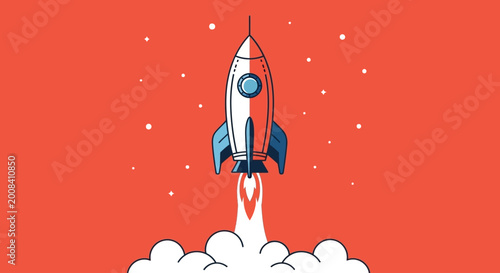 rocket launch with clouds and stars on red background