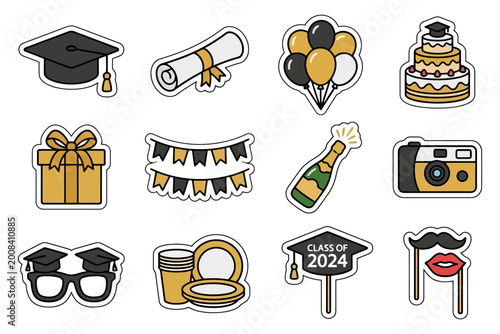 Graduation celebration icons: cap, diploma, balloons, cake, gifts, and class of 2024.