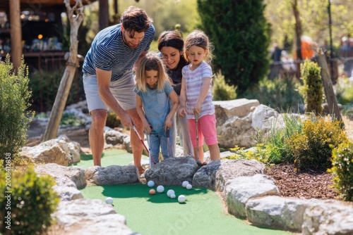 Fun Family Kids Playing Mini Golf Recreation