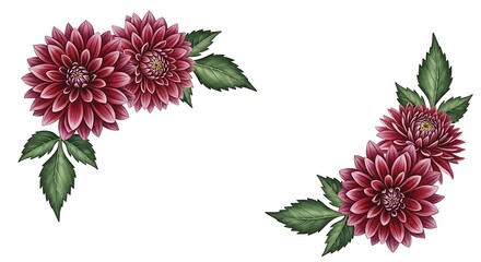 Dark red dahlia flower corner border isolated on a white background