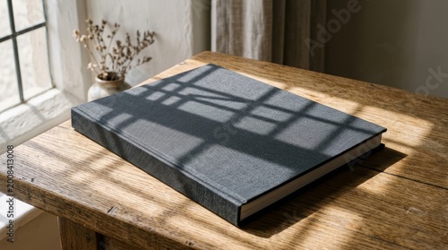 Minimal hardcover book mockup with window shadow on wooden table