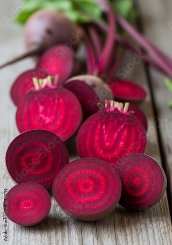Sliced Red Beets on Weathered Wood Surface Still Life