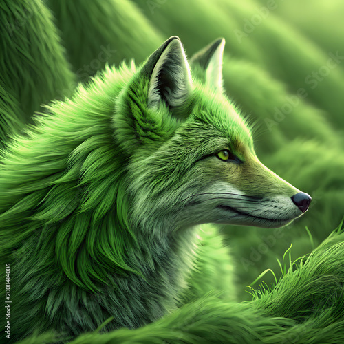Vibrant green fox resting outdoors with striking colorful fur