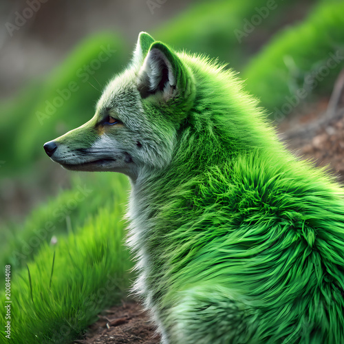 Vibrant green fox resting outdoors with striking colorful fur