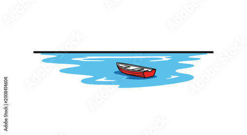 Red boat floats on blue water illustration against white background
