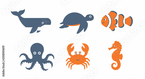 Stylized ocean creatures illustration whale turtle clownfish octopus crab seahorse