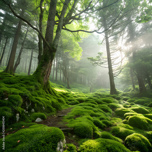 Sunlit moss-covered forest floor beneath towering trees in peaceful woodland