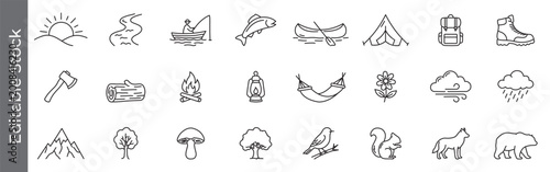 Camping, adventure, fishing, river, campfire and outdoor nature icon set – editable outline symbols of hiking, travel, wildlife, eco travel, survival and wilderness activities