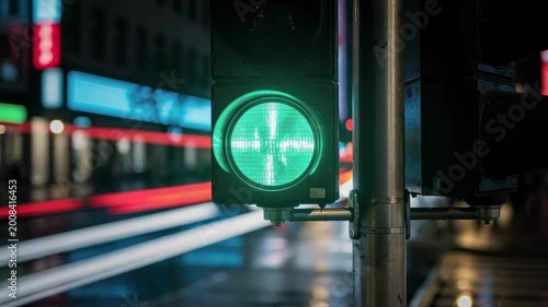 Urban nighttime traffic green light with blurred city street and vehicle lights in the background