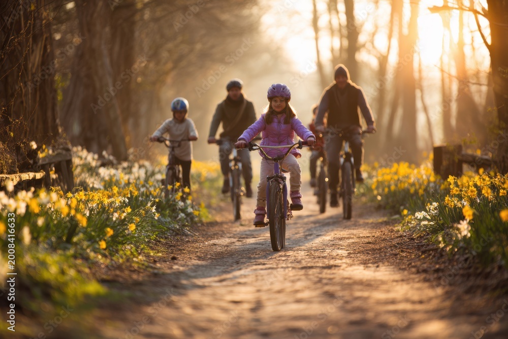 Fototapeta premium Fun Family Kids Riding Bikes Trails Park Spring Together