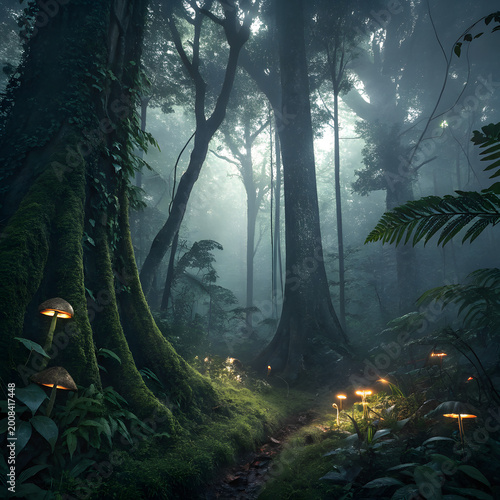 Mystical forest path glowing with mushrooms beneath towering ancient trees