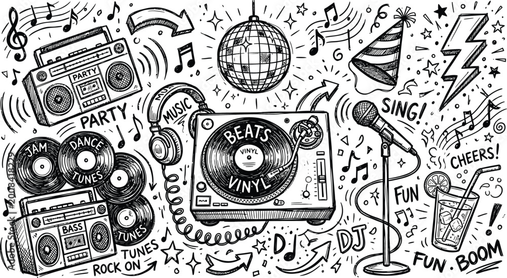 Obraz premium Party music doodle vector illustration collection includes dj turntable vinyl records headphones disco ball microphone boombox party hat festive elements sound symbols for celebration design.