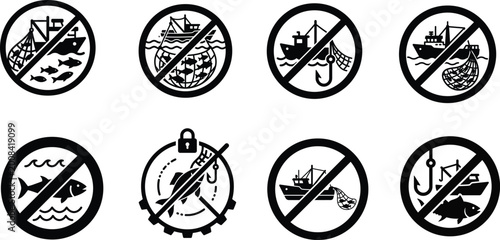 Set of eight black and white prohibition signs for illegal fishing and poaching.