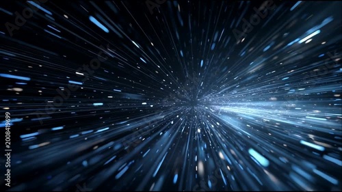 A futuristic spaceship zooms through a vibrant blue tunnel filled with streaks of light at incredible speed.
