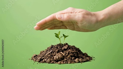 A young green sprout grows from rich soil held in small hands, representing new life, agriculture, and the careful ecology of nurturing a seedling for a sustainable environment