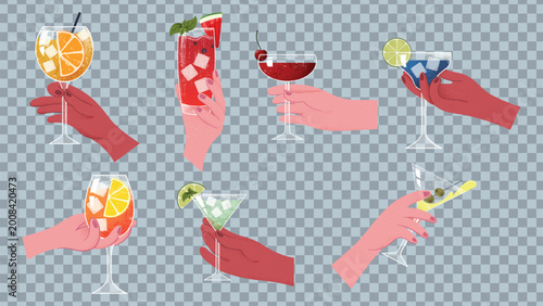 Set of seven colorful illustrations of hands holding various cocktails including spritz, watermelon drink, cherry cocktail, blue margarita, and martini with garnishes like orange,lime, olive, and mint