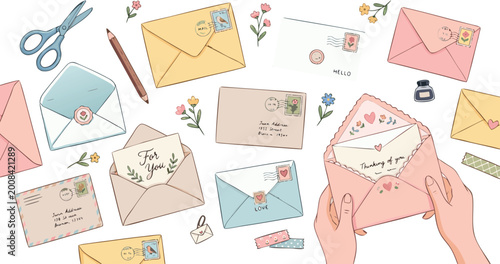 Obraz na plátně Set of hand drawn vintage envelopes and letters with cute stamps, flowers, and stationery items