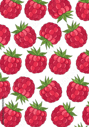 Vibrant Red Raspberry Illustration Pattern - Fresh Summer Fruit Background with Green Leaves