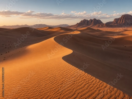  Sweeping desert sand dunes with rippled textures and long shadows in warm late-afternoon