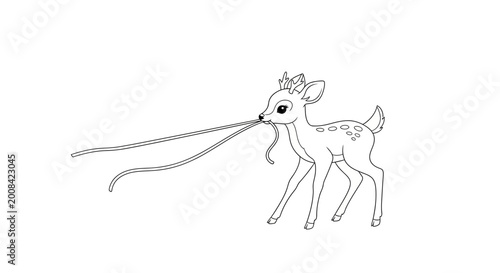 Cute Fawn with Crown and Ribbons, Whimsical Line Art Illustration