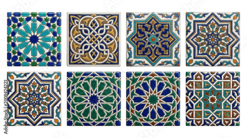 Colorful geometric abstract mandala patterns with dots and lines isolated on transparent background