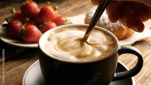 A person stirring a cup of coffee with a spoon, with fresh fruit and a pastry in the background, on a wooden surface