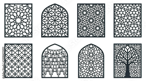 Collection of intricate black and white lace patterns and window designs isolated on transparent background