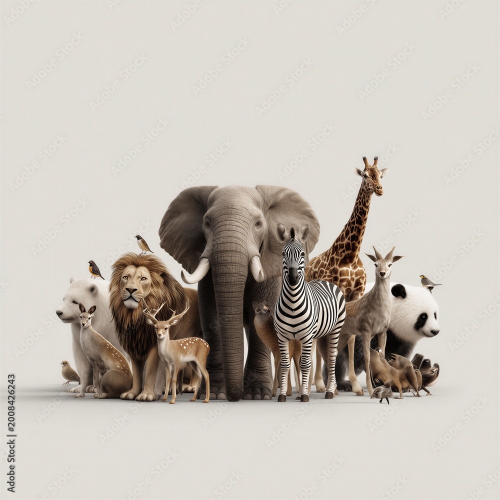 Fototapeta premium A group of diverse animals standing together in a symbolic display of unity and conservation.