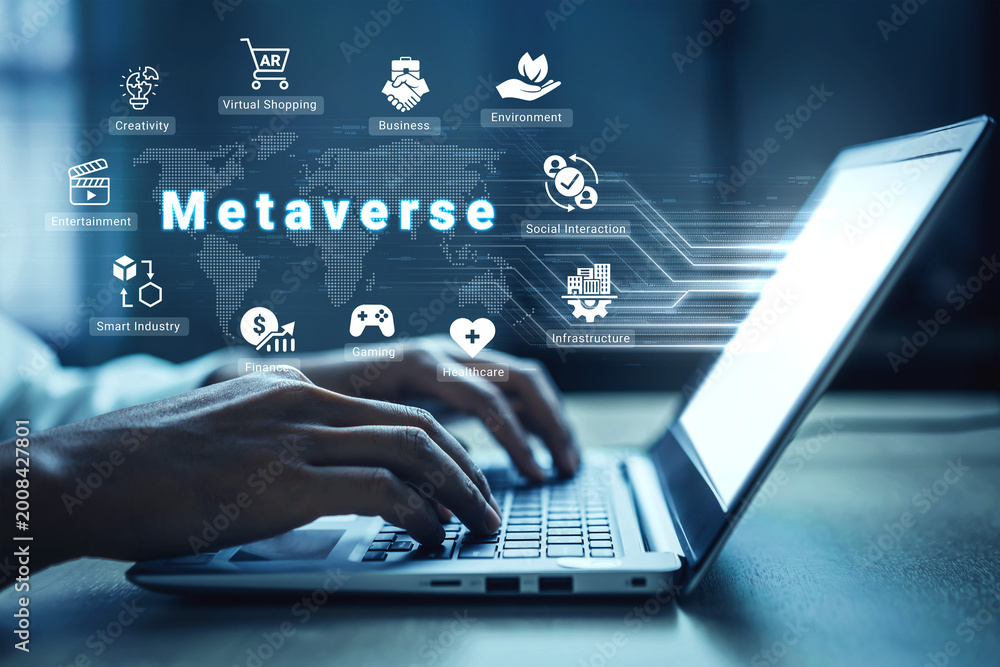Naklejka premium Metaverse ecosystem enhances digital interaction, virtual environments, and immersive experiences Parse