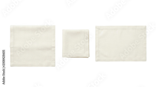 Three folded beige cloth napkins on a transparent background for table setting