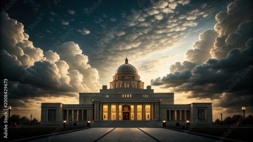 Obraz premium Majestic neoclassical building illuminated at dusk under dramatic, cloud-filled sky with golden light reflections.