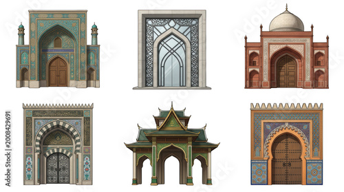 Colorful traditional architectural building facades collection isolated on transparent background