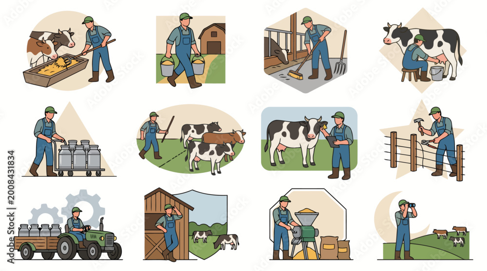 Fototapeta premium Livestock Farming Activities Cattle Farmer Feeding Milking and Monitoring Cows Flat Vector Collection Modern Style