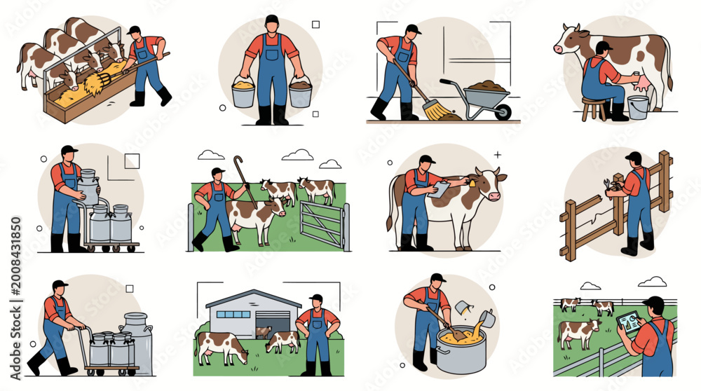 Fototapeta premium Dairy Farm Worker Milking and Feeding Cows Livestock Farming Activities Flat Vector Illustration Collection