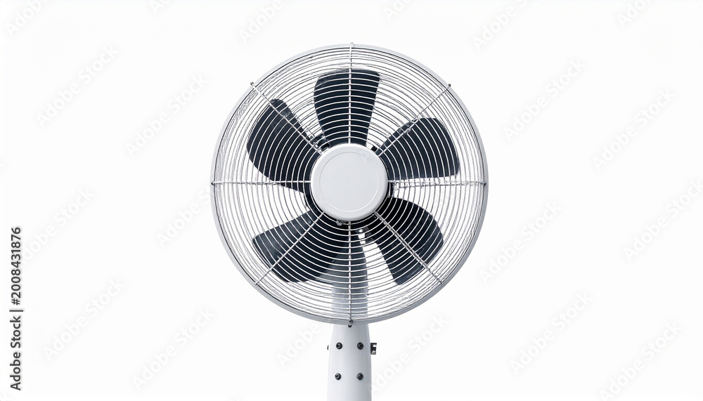 Obraz premium White pedestal fan with black blades on a clean white background