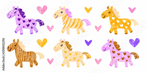 Billede på lærred Collection of six watercolor horses with hearts hand drawn style