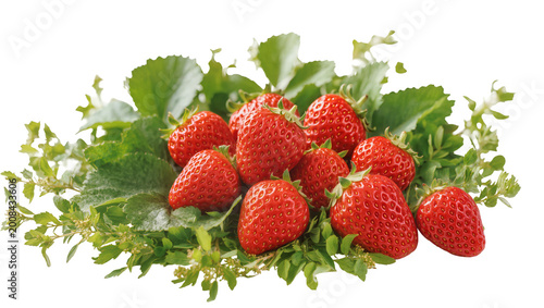 Foto Fresh ripe strawberries with vibrant green leaves and calyx