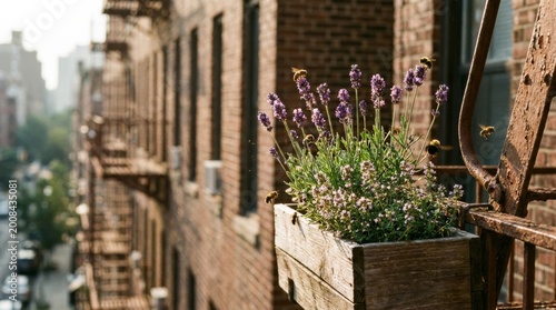 Bees pollinate lavender and thyme in a wooden planter box on a rustic apartment fire escape during golden hour in the city.
