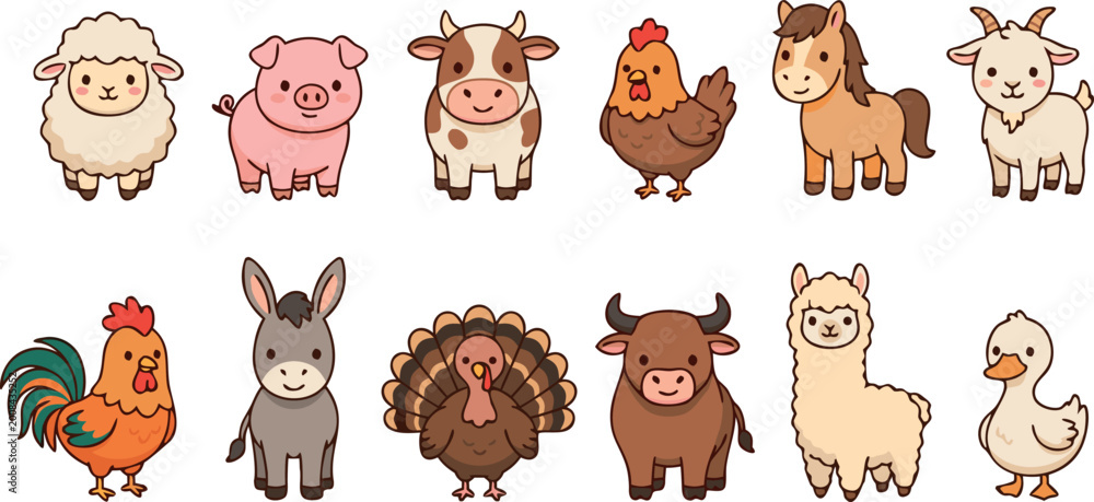 Obraz premium Large collection of cute cartoon farm animals featuring sheep pig cow hen horse goat rooster and more.