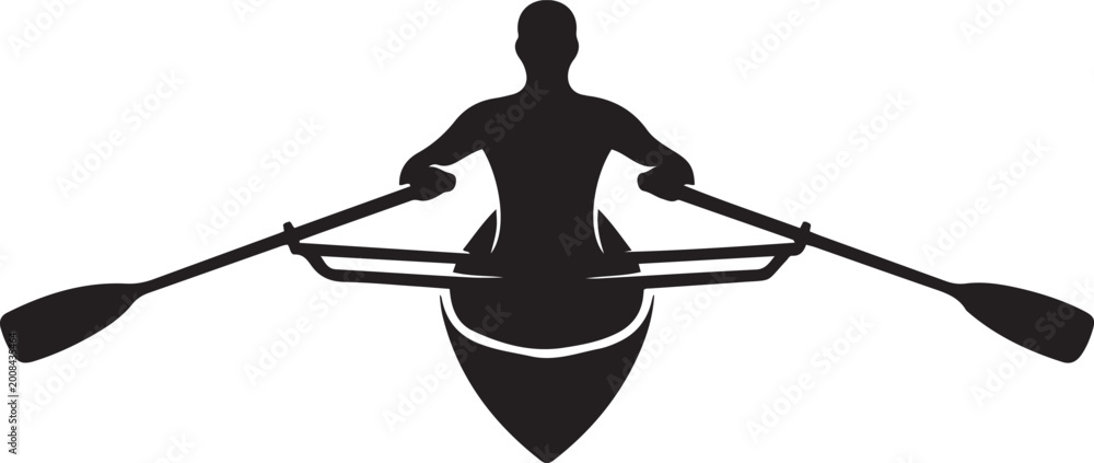 Fototapeta premium Black silhouette of a person rowing a boat with two oars. logo Vector Black silhouettes