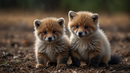 Two adorable fluffy fox cubs sitting together on the ground in a forest cute baby wild animals in their natural habitat for wildlife photography and environmental conservation awareness concept
