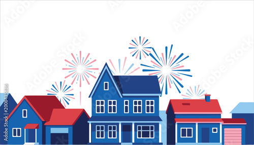 Bild auf Leinwand 4th of July, patriotic houses, fireworks display, American celebration, red whit