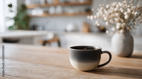 Stylish coffee cup on a wooden table with blurred background of a cozy kitchen and floral decoration creating a serene atmosphere. Generative AI