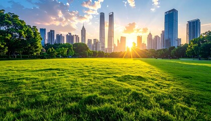 A serene city park at sunrise with lush green grass and skyscrapers